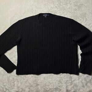 Minimalist Knit Merino Wool Sweater Crewneck Fisherman Rib Black Women's L JCrew